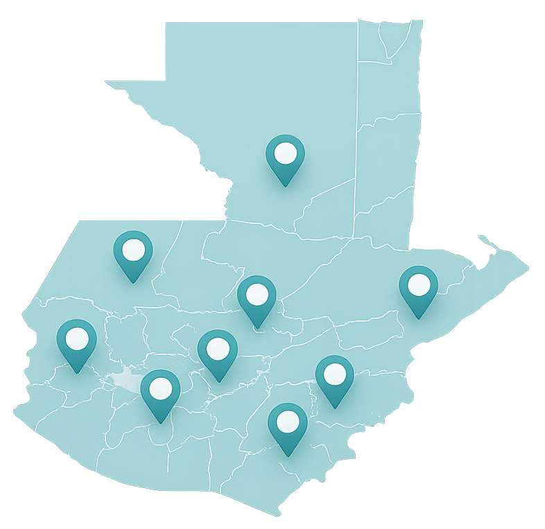 Mapa de Guatemala con los departamentos donde se realizaron talleres